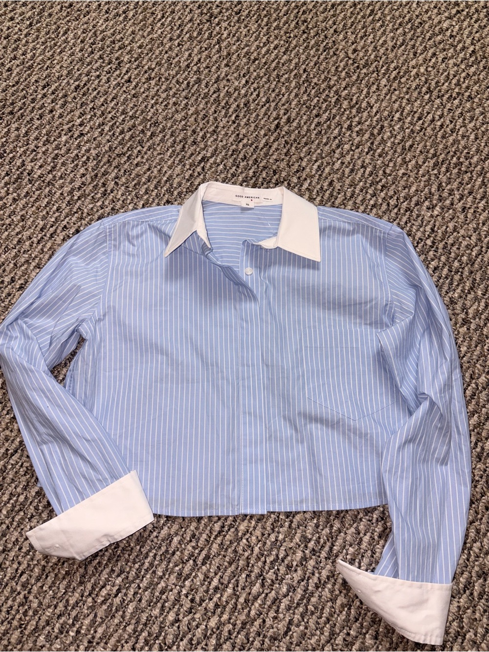 Good American Blue Pinstripe Button-Down Shirt with White Collar & Cuffs